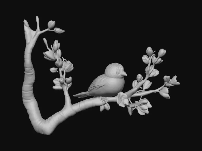 3D model for A precious baby bird with detailed feather texture is perched on a tree branch adorned with vibrant blossoms. An arching branch extends gracefully above the bird, creating a natural frame. Vibrant colors.
