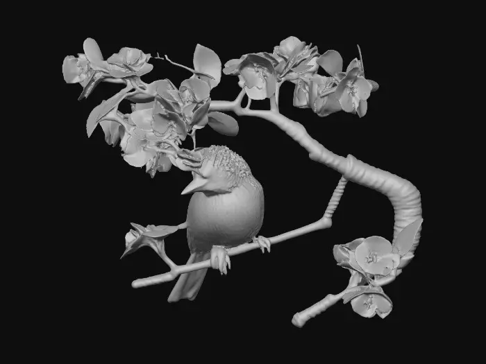 3D model for A precious baby bird with detailed feather texture is perched on a tree branch adorned with vibrant blossoms. An arching branch extends gracefully above the bird, creating a natural frame. Vibrant colors.