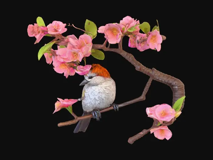 3D model for A precious baby bird with detailed feather texture is perched on a tree branch adorned with vibrant blossoms. An arching branch extends gracefully above the bird, creating a natural frame. Vibrant colors.