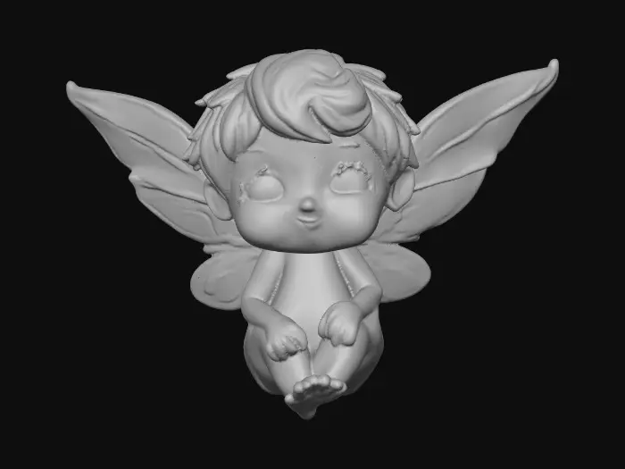 3D model for Ceramic figurine of a Chibi child like snowdrop fairy. Perfect facial features with well formed arms, hands, legs, & feet. Well defined wings. Fairy is sitting on a round patch of grass.