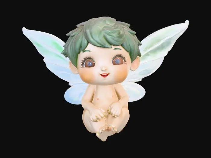 3D model for Ceramic figurine of a Chibi child like snowdrop fairy. Perfect facial features with well formed arms, hands, legs, & feet. Well defined wings. Fairy is sitting on a round patch of grass.