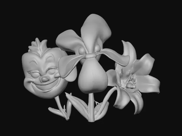 3D model for A trio of talking flowers (pansy, iris, and lily) alice in wonderland stylized cartoonish talking flowers in full color