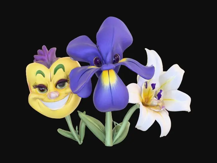 3D model for A trio of talking flowers (pansy, iris, and lily) alice in wonderland stylized cartoonish talking flowers in full color