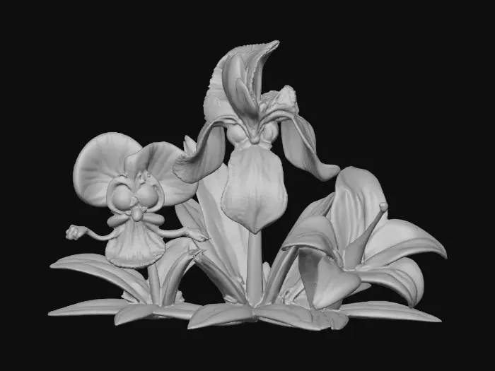 3D model for A trio of talking flowers (pansy, iris, and lily) alice in wonderland stylized cartoonish talking flowers in full color