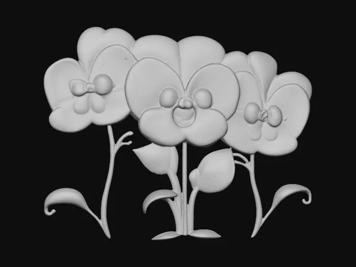 3D model for A trio of talking chibi flowers (pansies) alice in wonderland stylized cartoonish talking flowers in full color
