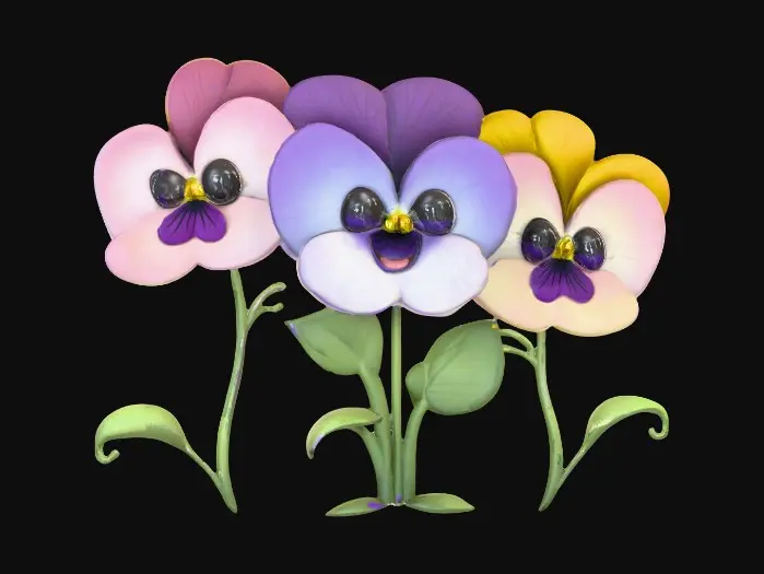3D model for A trio of talking chibi flowers (pansies) alice in wonderland stylized cartoonish talking flowers in full color