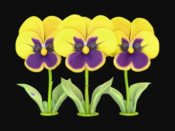 3D model for A trio of talking chibi flowers (pansies) alice in wonderland stylized cartoonish talking flowers in full color
