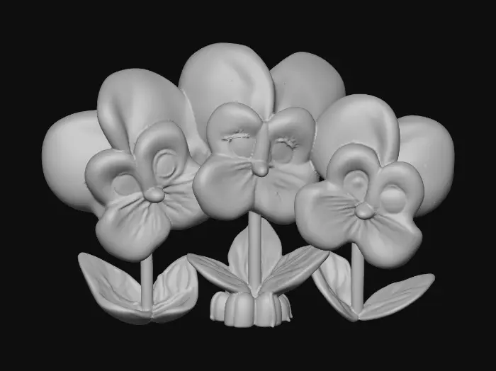 3D model for A trio of talking chibi flowers (pansies) alice in wonderland stylized cartoonish talking flowers in full color