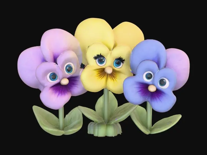 3D model for A trio of talking chibi flowers (pansies) alice in wonderland stylized cartoonish talking flowers in full color