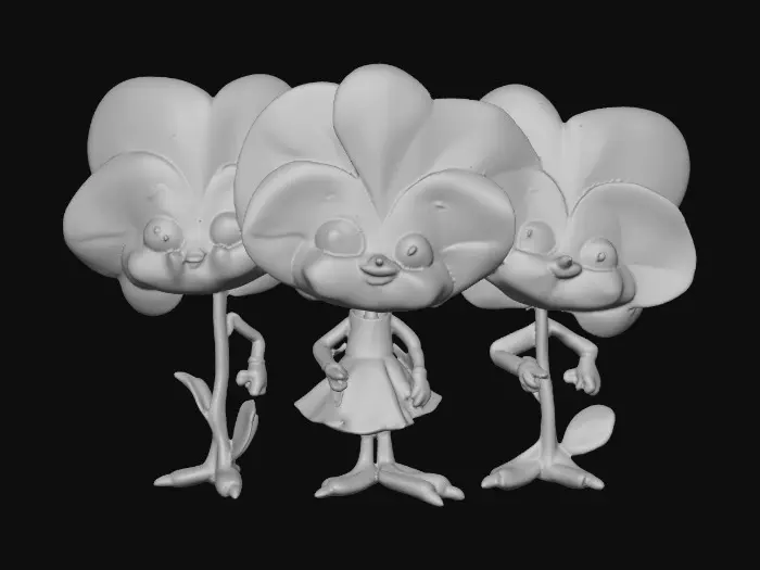 3D model for A trio of talking chibi flowers (pansies) alice in wonderland stylized cartoonish talking flowers in full color