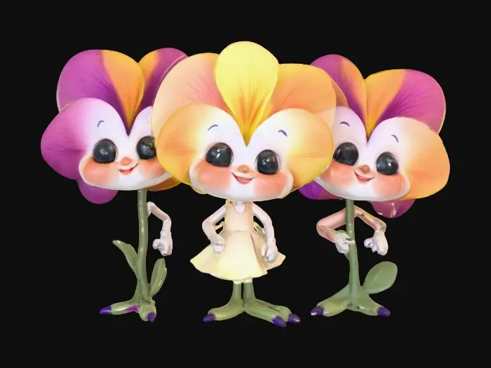 3D model for A trio of talking chibi flowers (pansies) alice in wonderland stylized cartoonish talking flowers in full color