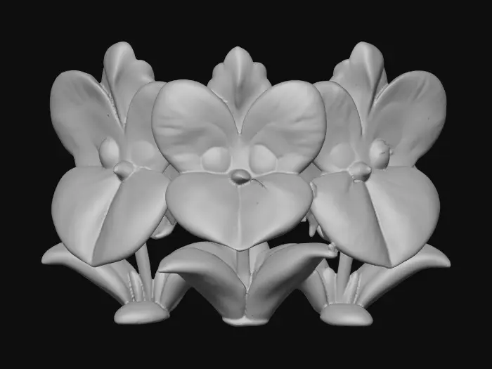 3D model for A trio of talking chibi flowers (pansies) alice in wonderland stylized cartoonish talking flowers in full color