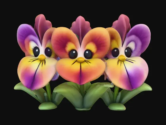 3D model for A trio of talking chibi flowers (pansies) alice in wonderland stylized cartoonish talking flowers in full color