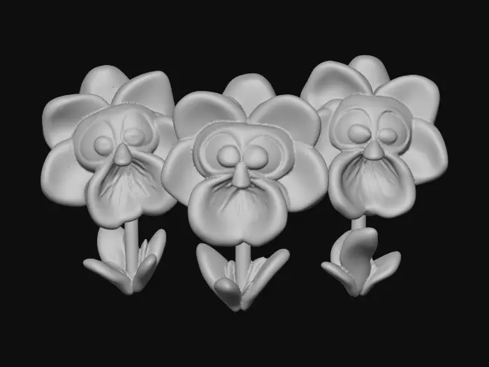 3D model for A trio of talking chibi flowers (pansies) alice in wonderland stylized cartoonish talking flowers in full color