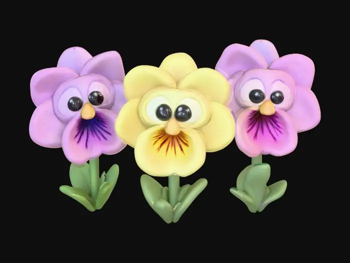 3D model for A trio of talking chibi flowers (pansies) alice in wonderland stylized cartoonish talking flowers in full color