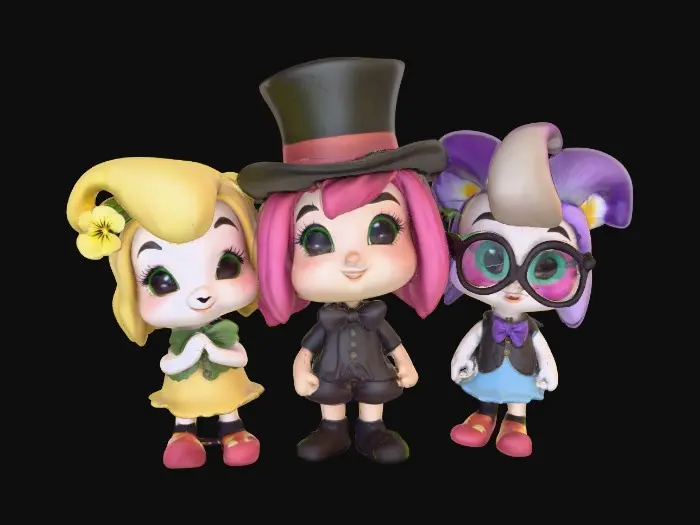 3D model for A trio of talking chibi flowers (pansies) alice in wonderland stylized cartoonish talking flowers in full color