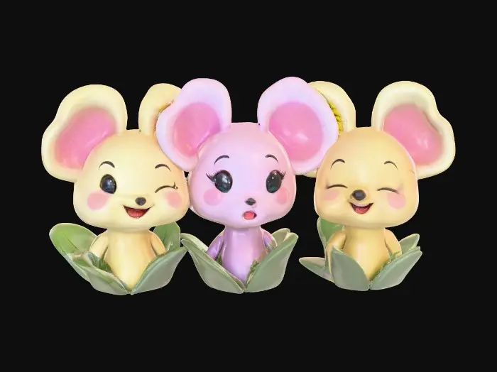 3D model for A trio of talking chibi flowers (pansies) alice in wonderland stylized cartoonish talking flowers in full color