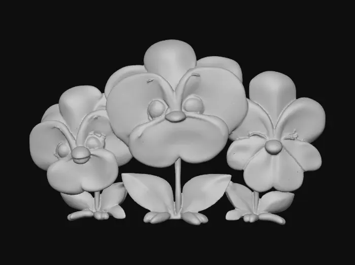 3D model for A trio of talking chibi flowers (pansies) alice in wonderland stylized cartoonish talking flowers in full color