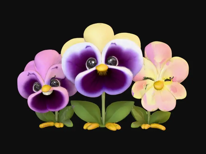 3D model for A trio of talking chibi flowers (pansies) alice in wonderland stylized cartoonish talking flowers in full color