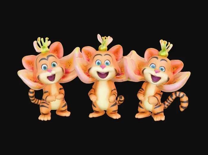 3D model for A whimsical fantasy a trio of talking chibi flowers (tiger lilies) alice in wonderland stylized cartoonish  flowers in full color.