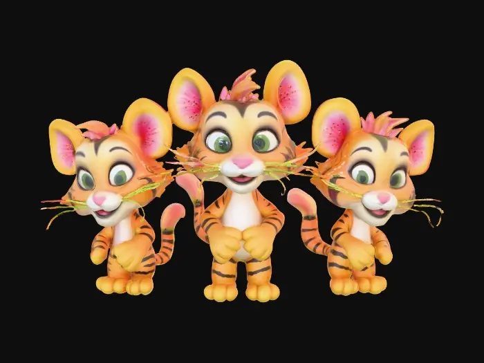 3D model for A whimsical fantasy a trio of talking chibi flowers (tiger lilies) alice in wonderland stylized cartoonish  flowers in full color.