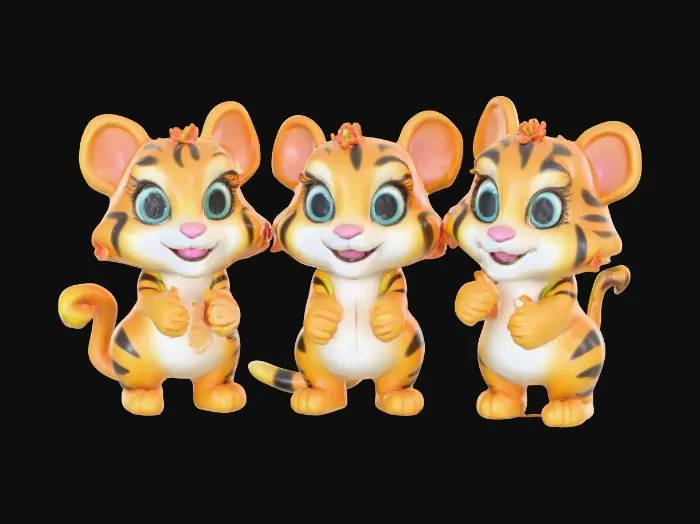 3D model for A whimsical fantasy a trio of talking chibi flowers (tiger lilies) alice in wonderland stylized cartoonish  flowers in full color.