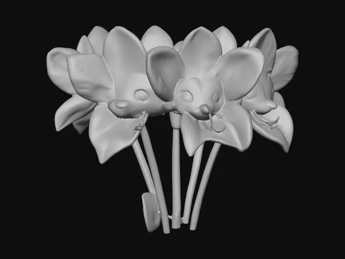 3D model for A whimsical fantasy a trio of talking chibi flowers (tiger lilies) alice in wonderland stylized cartoonish  flowers in full color.