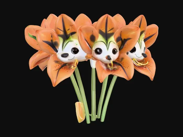 3D model for A whimsical fantasy a trio of talking chibi flowers (tiger lilies) alice in wonderland stylized cartoonish  flowers in full color.