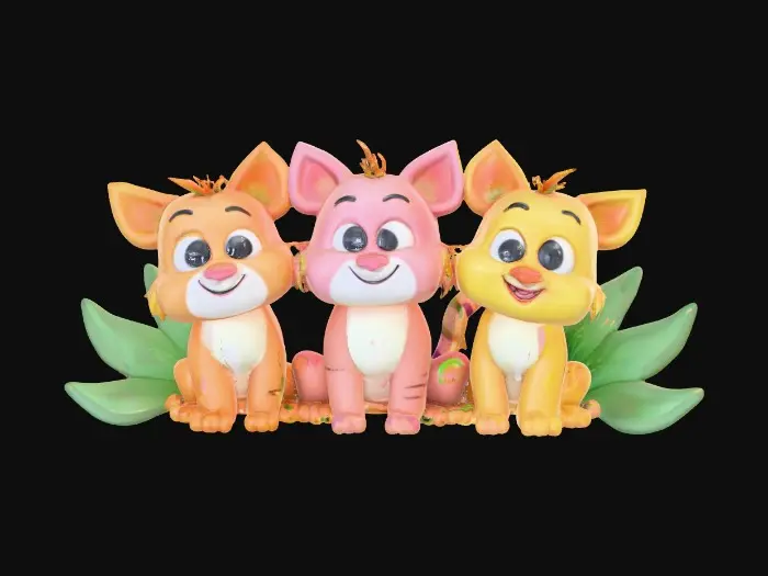 3D model for A whimsical fantasy a trio of talking chibi flowers (tiger lilies) alice in wonderland stylized cartoonish  flowers in full color.