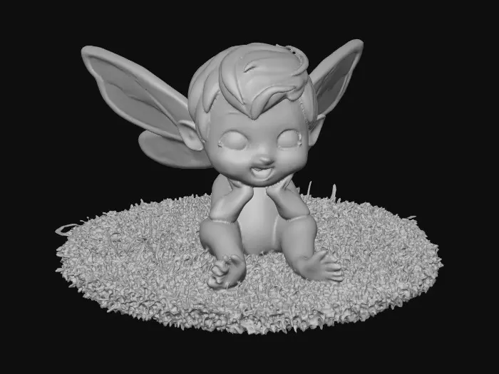 3D model for Ceramic figurine of a Chibi child like snowdrop fairy. Perfect facial features with well formed arms, hands, legs, & feet. Well defined wings. Fairy is sitting on a round patch of grass.