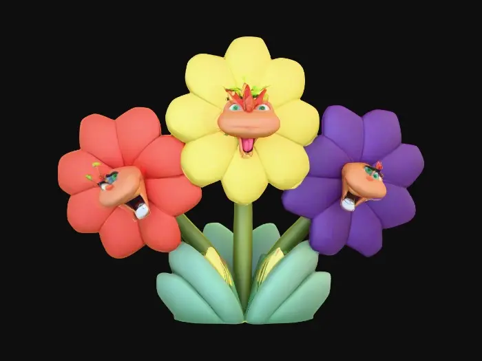 3D model for A trio of talking flowers alice in wonderland stylized cartoonish talking flowers in full color