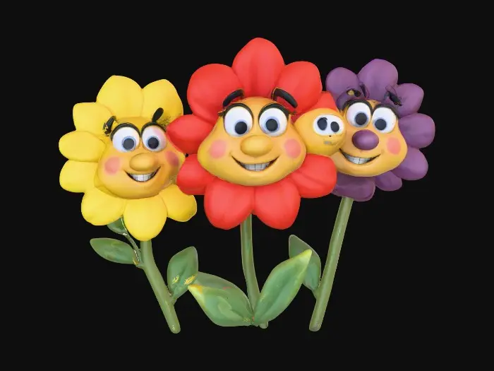 3D model for A trio of talking flowers alice in wonderland stylized cartoonish talking flowers in full color