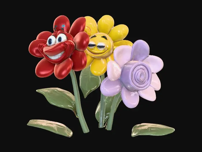 3D model for A trio of talking flowers alice in wonderland stylized cartoonish talking flowers in full color