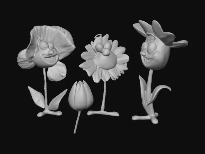 3D model for A trio of talking flowers alice in wonderland stylized cartoonish talking flowers in full color