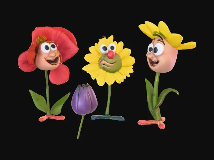 3D model for A trio of talking flowers alice in wonderland stylized cartoonish talking flowers in full color