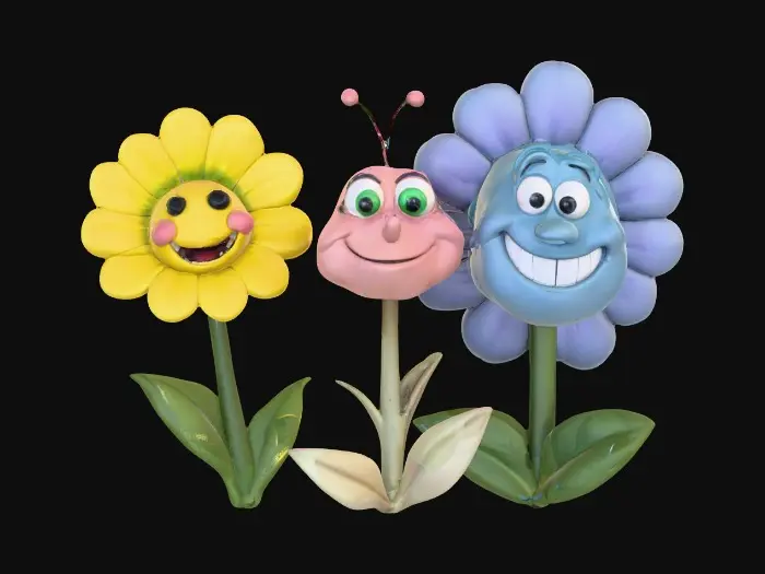 3D model for A trio of talking flowers alice in wonderland stylized cartoonish talking flowers in full color