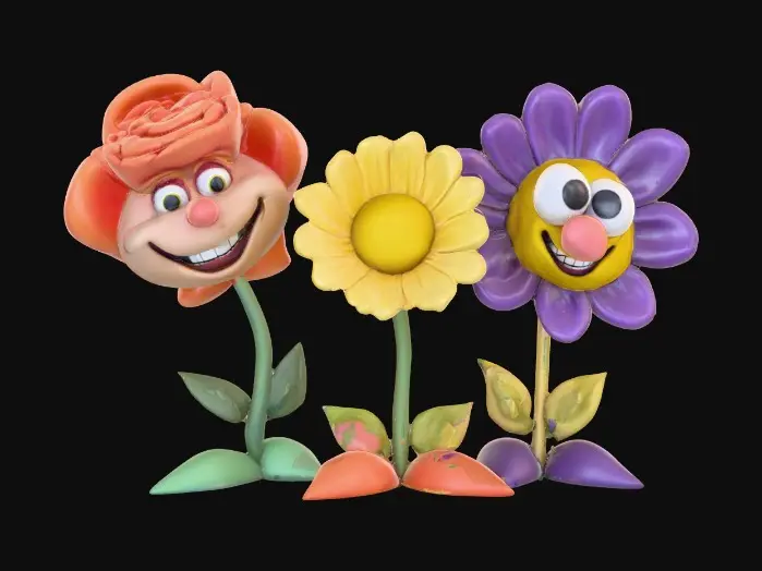 3D model for A trio of talking flowers alice in wonderland stylized cartoonish talking flowers in full color