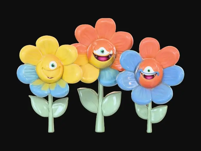 3D model for A trio of talking flowers alice in wonderland stylized cartoonish talking flowers in full color