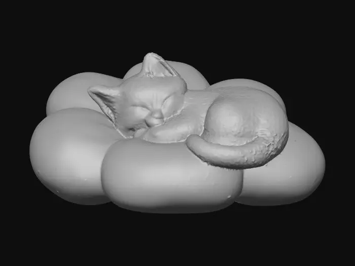 3D model for on a crisp pure white background a porcelain cartoonish adorable shaggy black kitten curled up asleep in the middle of one single large blue pillow shaped flower.