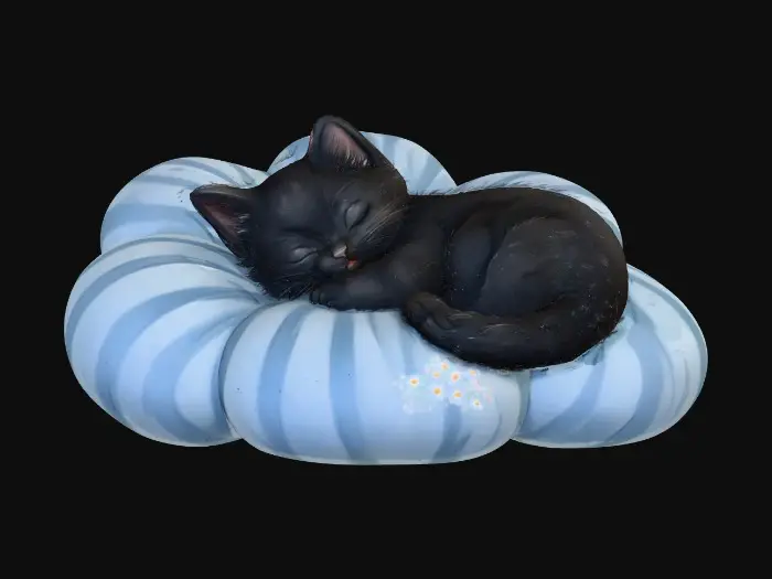 3D model for on a crisp pure white background a porcelain cartoonish adorable shaggy black kitten curled up asleep in the middle of one single large blue pillow shaped flower.