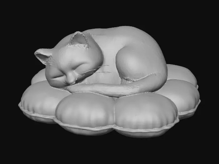 3D model for on a crisp pure white background a porcelain cartoonish adorable shaggy black kitten curled up asleep in the middle of one single large blue pillow shaped flower.