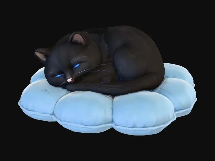3D model for on a crisp pure white background a porcelain cartoonish adorable shaggy black kitten curled up asleep in the middle of one single large blue pillow shaped flower.