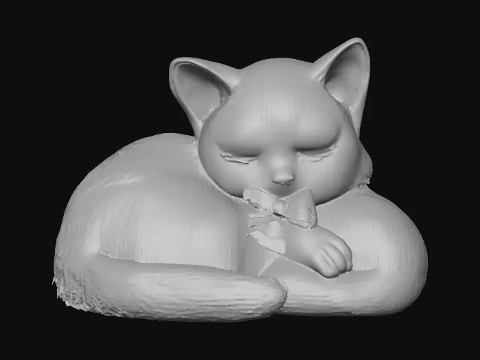 3D model for on a crisp pure white background a porcelain cartoonish adorable shaggy black kitten curled up asleep the kitten is wearing a small pink bow