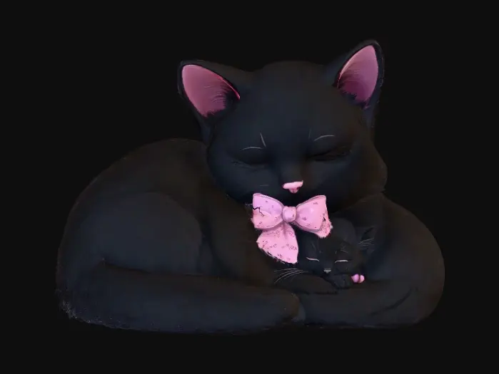 3D model for on a crisp pure white background a porcelain cartoonish adorable shaggy black kitten curled up asleep the kitten is wearing a small pink bow