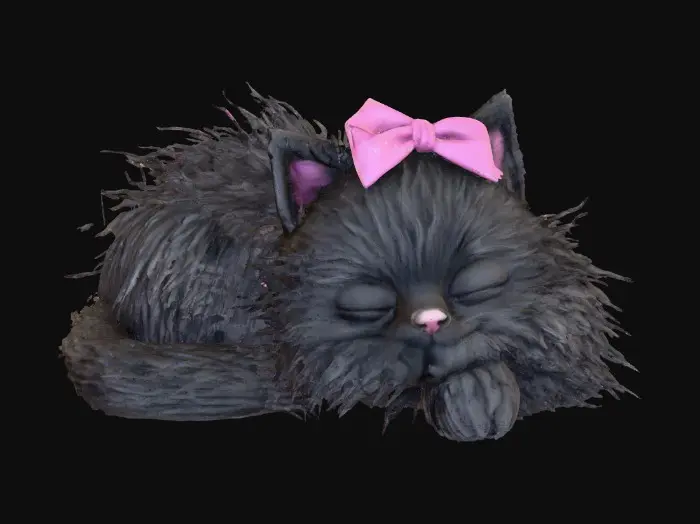 3D model for on a crisp pure white background a porcelain cartoonish adorable shaggy black kitten curled up asleep the kitten is wearing a small pink bow