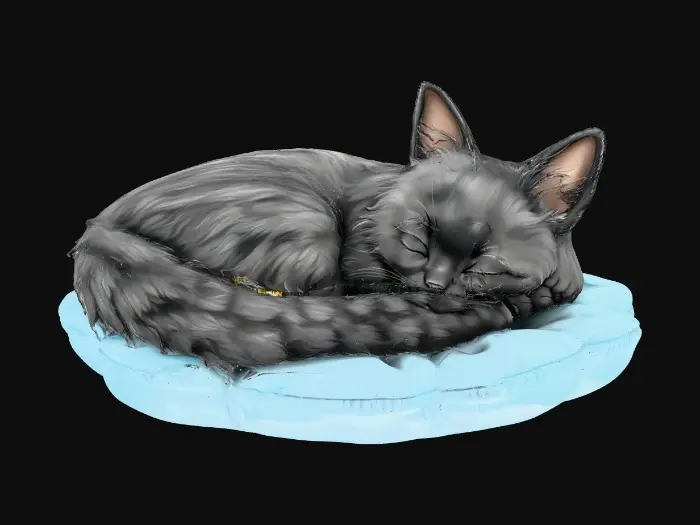 3D model for on a crisp pure white background a porcelain cartoonish adorable shaggy black kitten curled up asleep in the middle of one single large blue pillow shaped flower.
