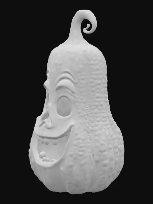 3D model for A 3D image of a cute toy-like tall jack-o-lantern.  Highly detailed.  Highly stylized.  Bold thick lines.  Deeply etched and embossed details. An impurely  shaped pumpkin variegated coloring of orange yellow green 