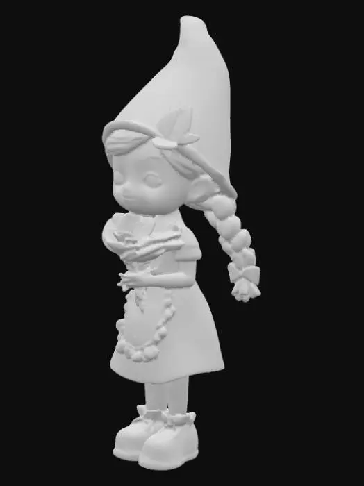 3D model for A young female garden gnome she is wearing a pink with white Polka dot cap on which a single yellow butterfly has landed.  She is wearing green dress with pink polka dots with a white ruffled apron and holding a single pink flower. She has long green braids tied with pink bows.  She has cute pink shoes