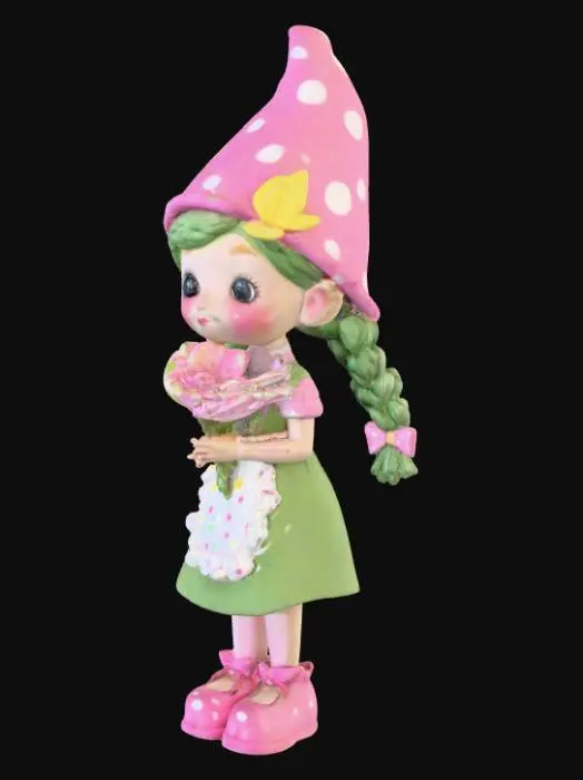 3D model for A young female garden gnome she is wearing a pink with white Polka dot cap on which a single yellow butterfly has landed.  She is wearing green dress with pink polka dots with a white ruffled apron and holding a single pink flower. She has long green braids tied with pink bows.  She has cute pink shoes