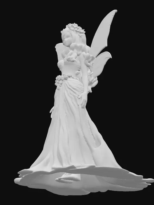 3D model for Female fairy character  Ultra realistic. Cursed. Professional texture. Highly defined details. Large delicate wings , long curled red hair, excellent clear facial features , full length green leafy flowered gown, flower crown